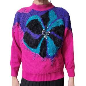 Vintage 90s Jaclyn Smith Beaded Floral Sweater Large Pink Purple Turquoise Glam